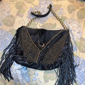 Black Studded Fringe Crossbody Bag with Gold Chain Strap
